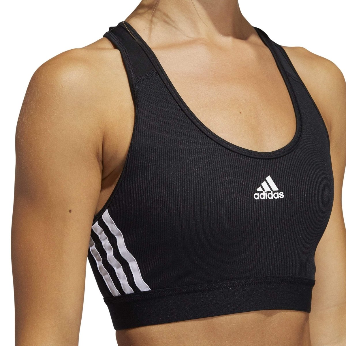 ADIDAS WOMEN'S BELIEVE THIS 3-STRIPES MEDIUM SUPPORT RIB BLACK SPORTS BRA