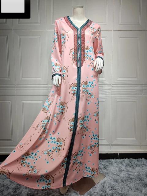 Arabian Long Sleeves Floral Pattern Islamic Loose Jalabia Gown S4831355