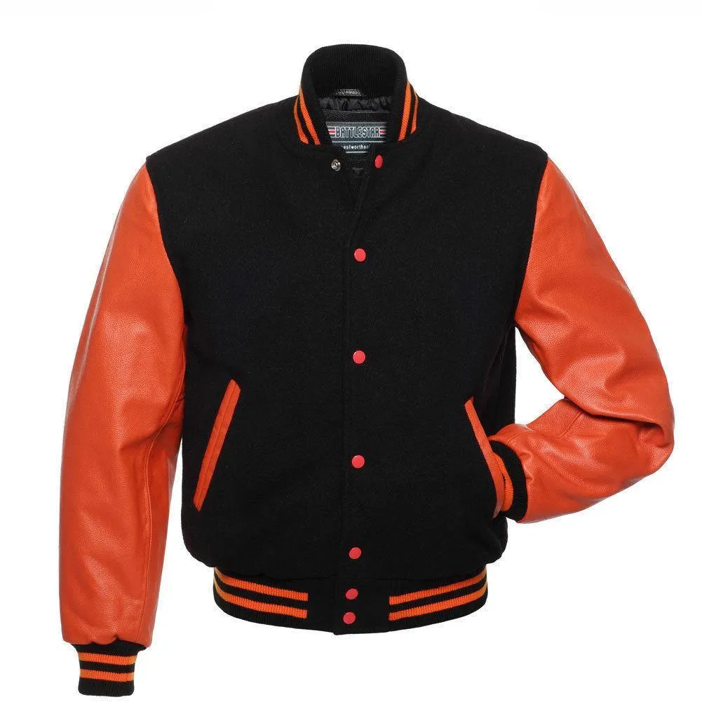 Biker Gear Pro Classic Hybrid Varsity Jacket University Letterman Bomber Jacket, Pure Wool & Original Cowhide Leather Jacket, Bl