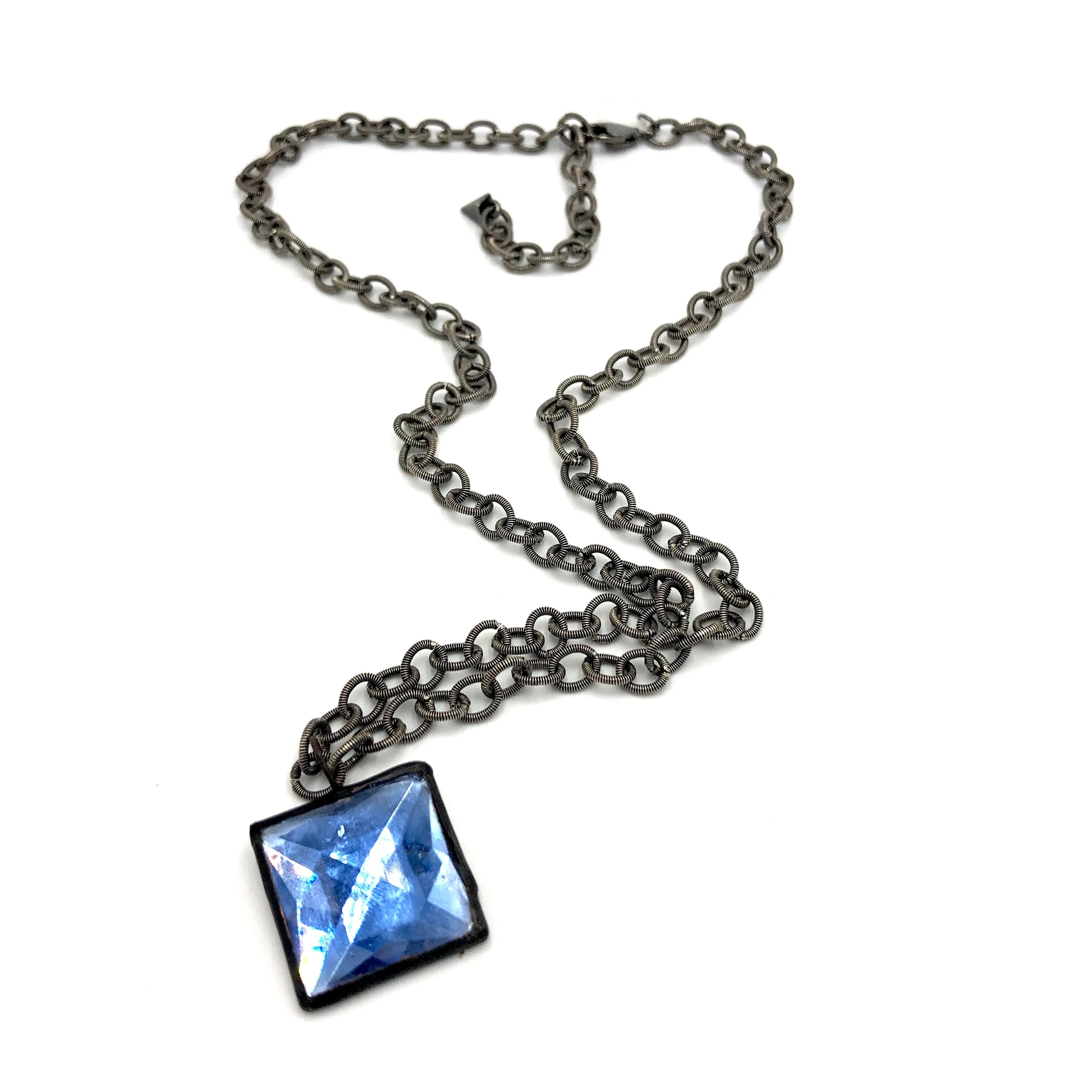 Blue Bling Square Gun Metal Layering Necklace