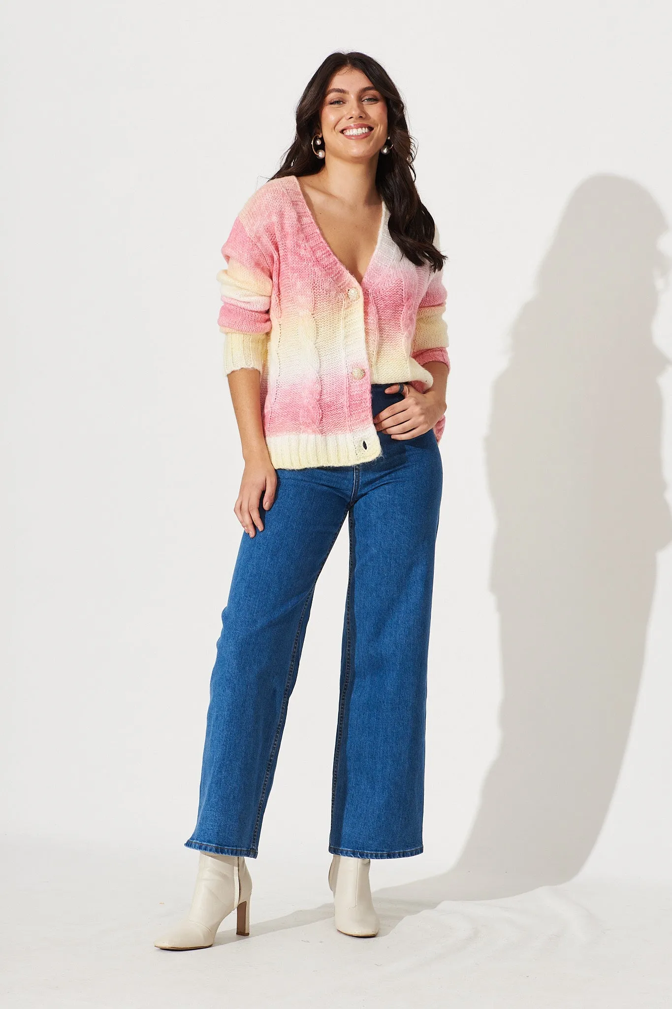 Bluestar Knit Cardigan In Pink With Yellow Wool Blend