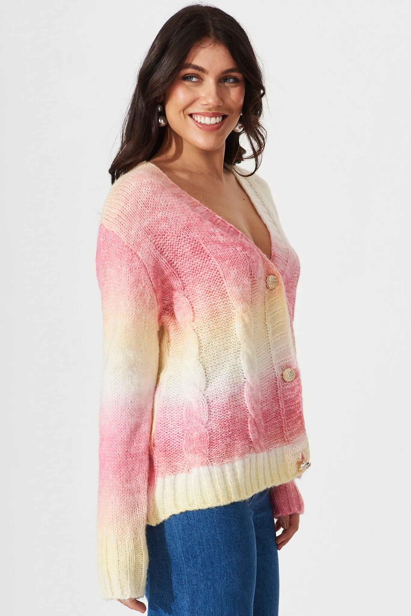 Bluestar Knit Cardigan In Pink With Yellow Wool Blend