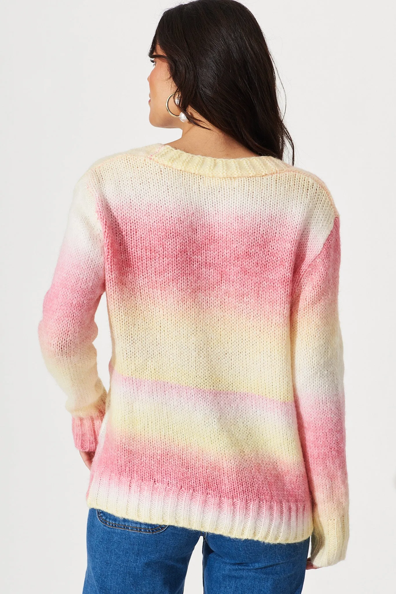 Bluestar Knit Cardigan In Pink With Yellow Wool Blend