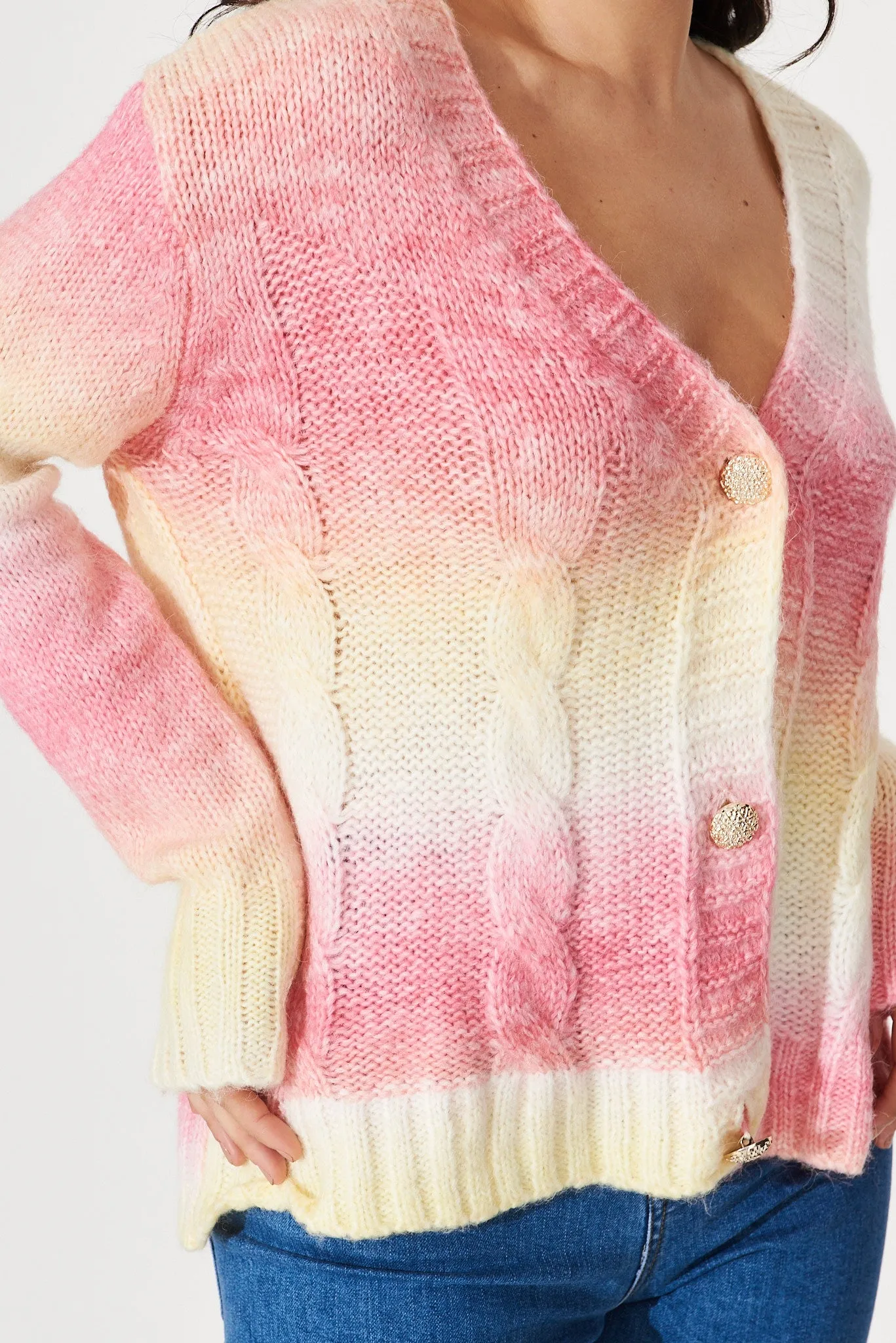 Bluestar Knit Cardigan In Pink With Yellow Wool Blend