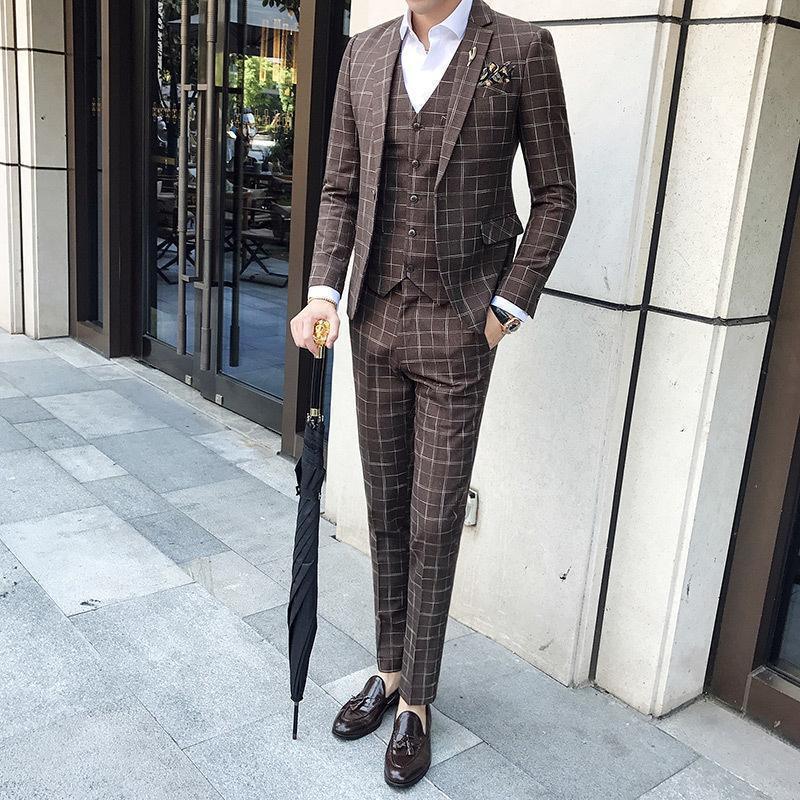 Elegant Brown Plaid Three Piece Suit