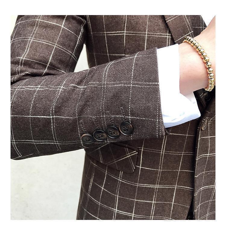 Elegant Brown Plaid Three Piece Suit