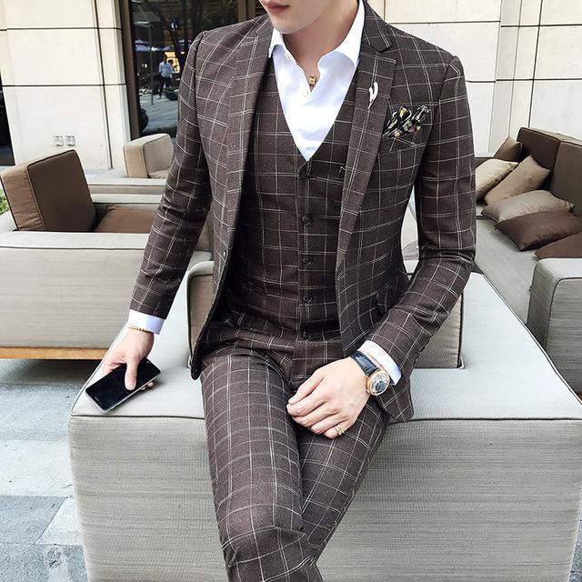 Elegant Brown Plaid Three Piece Suit