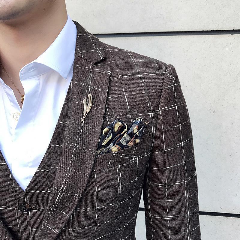 Elegant Brown Plaid Three Piece Suit