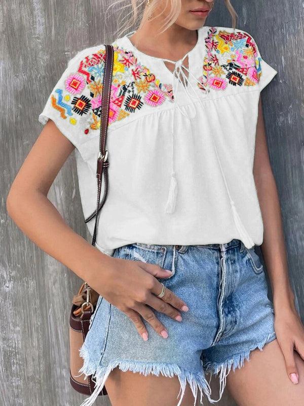 Embroidered Tassel Tie Top