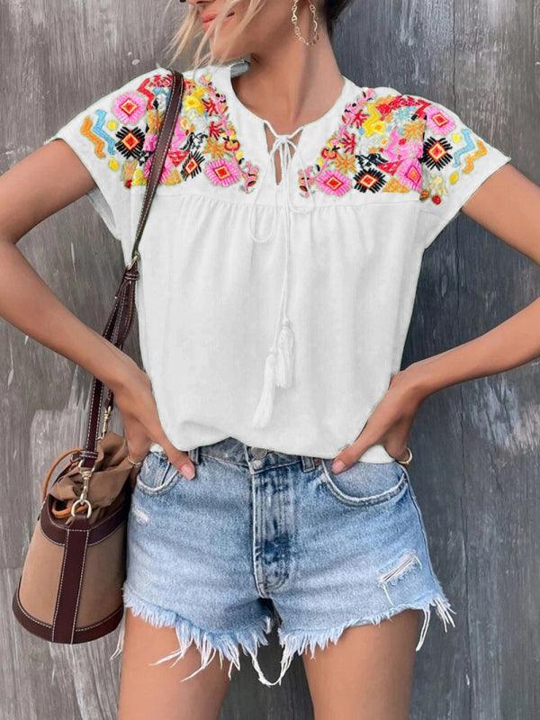 Embroidered Tassel Tie Top