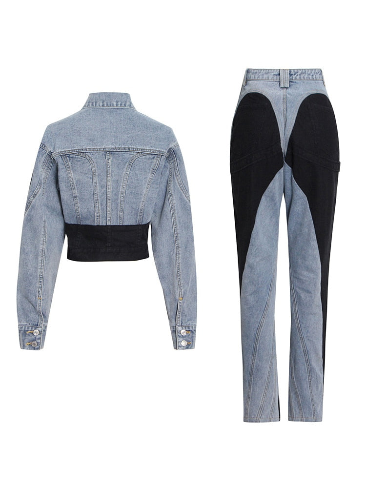 Irregular Design Denim Sets Hit Color Patchwork Denim Two Piece Sets