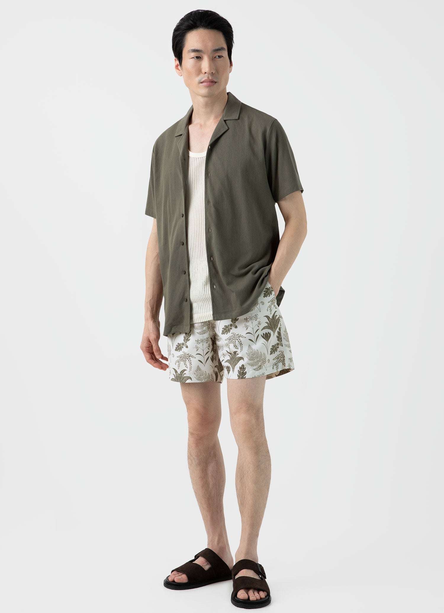 Men's Leaf Print Swim Short in Ecru