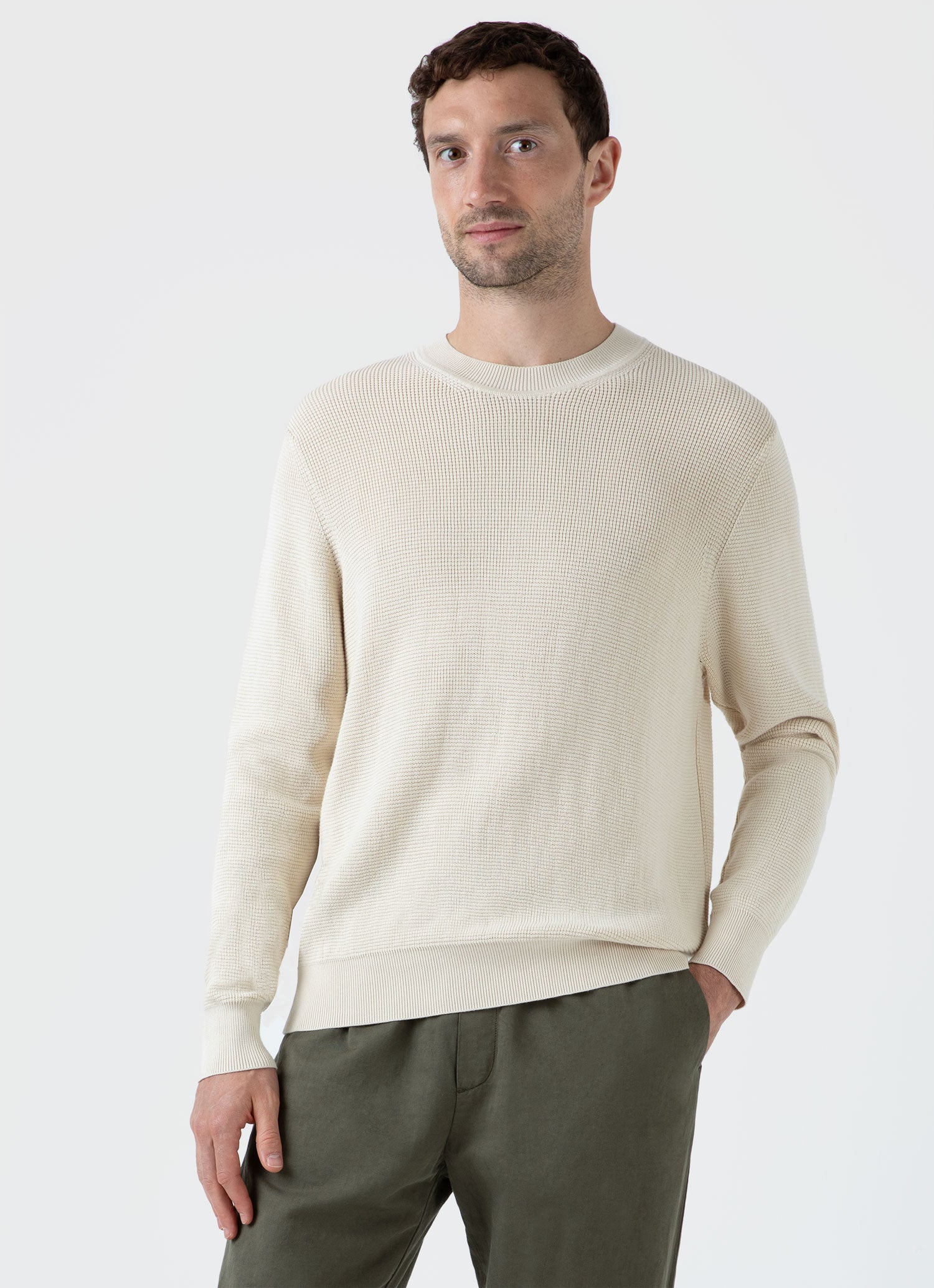 Men's Waffle Stitch Crew Neck Jumper in Ecru