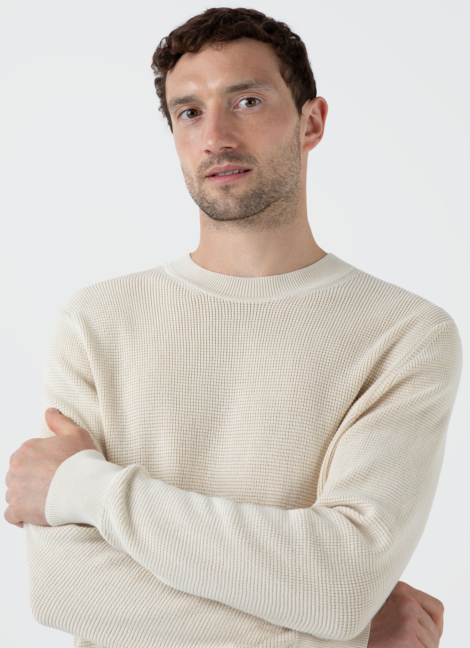 Men's Waffle Stitch Crew Neck Jumper in Ecru