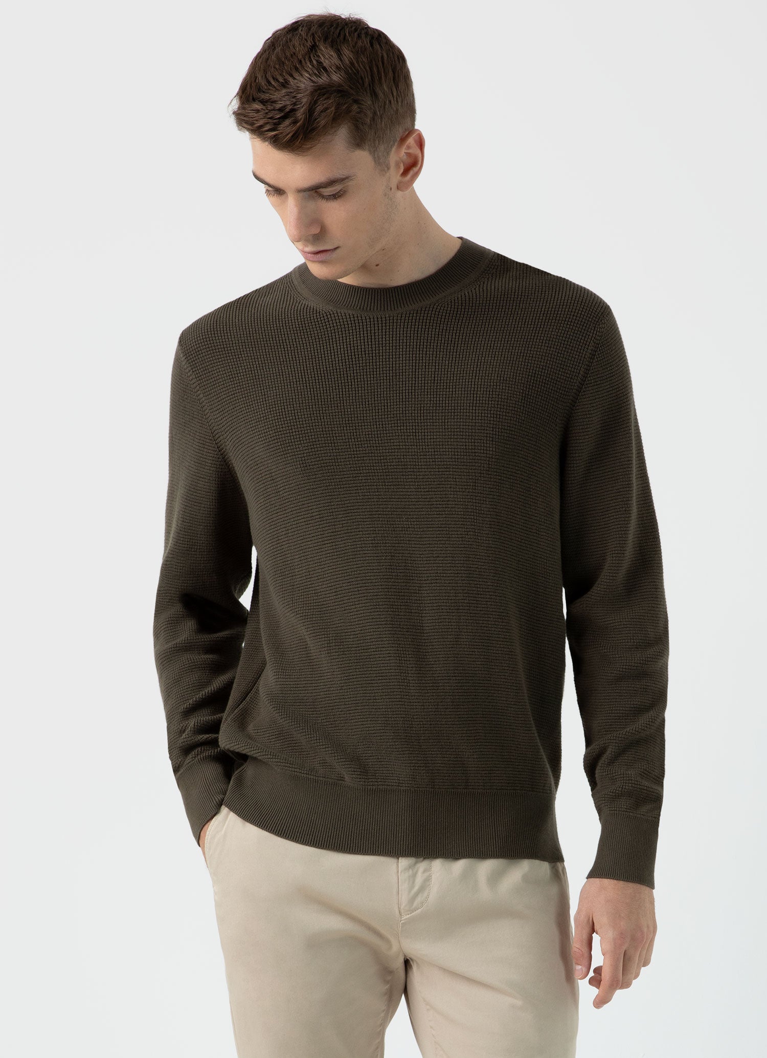 Men's Waffle Stitch Crew Neck Jumper in Khaki