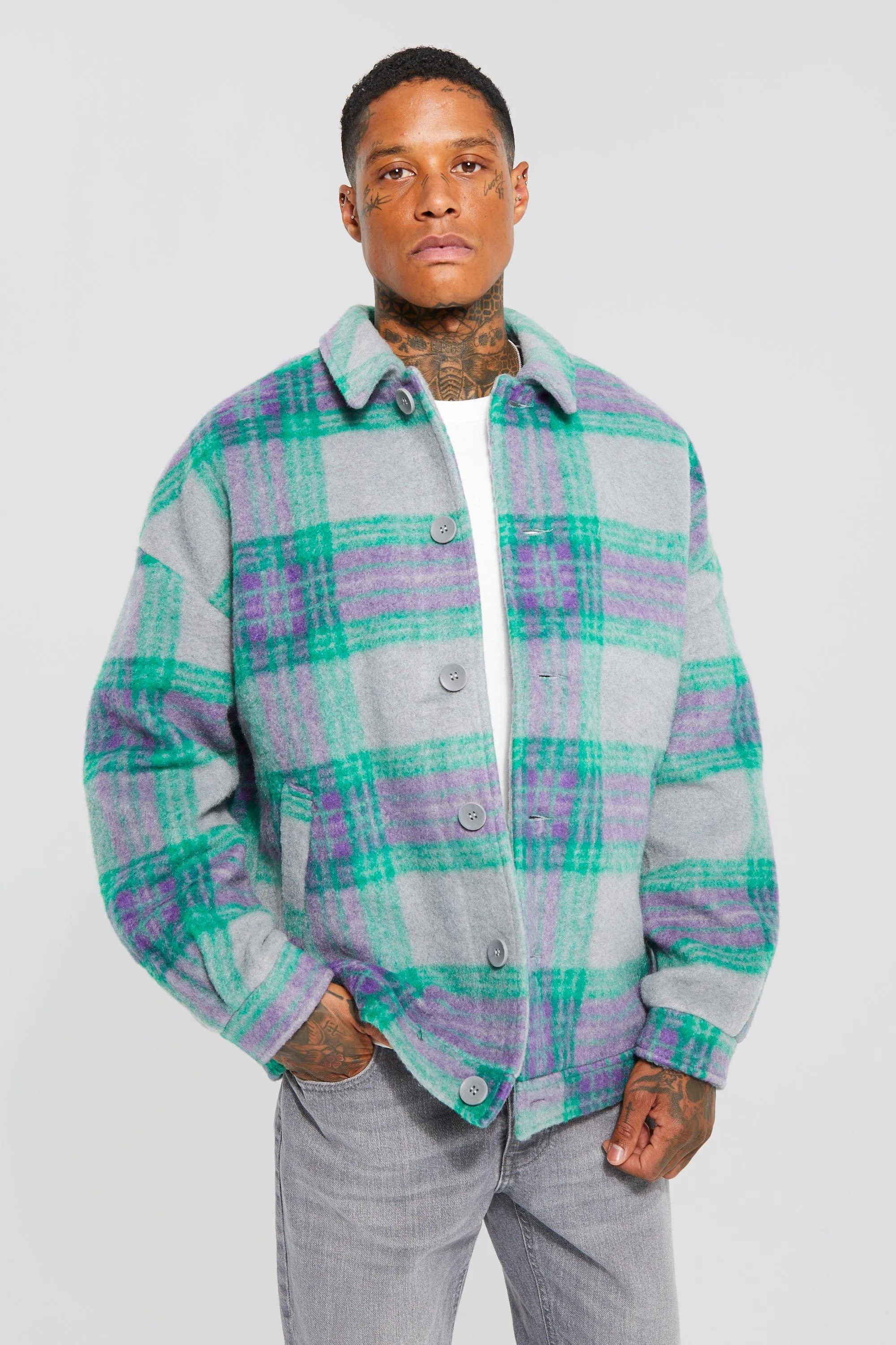 Oversized Wool Look Large Check Harrington