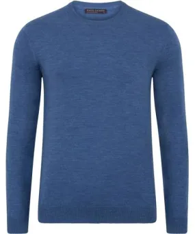 Paul James Knitwear Blue Mens Extra Fine Merino Wool Callington Crew Neck Jumper