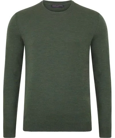 Paul James Knitwear Green Mens Extra Fine Merino Wool Callington Crew Neck Jumper