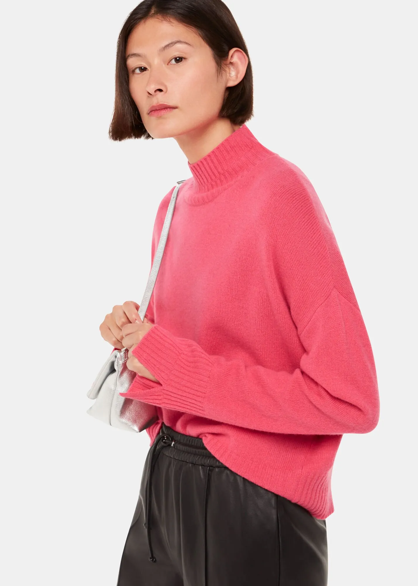 Pink Wool Double Trim Funnel Neck