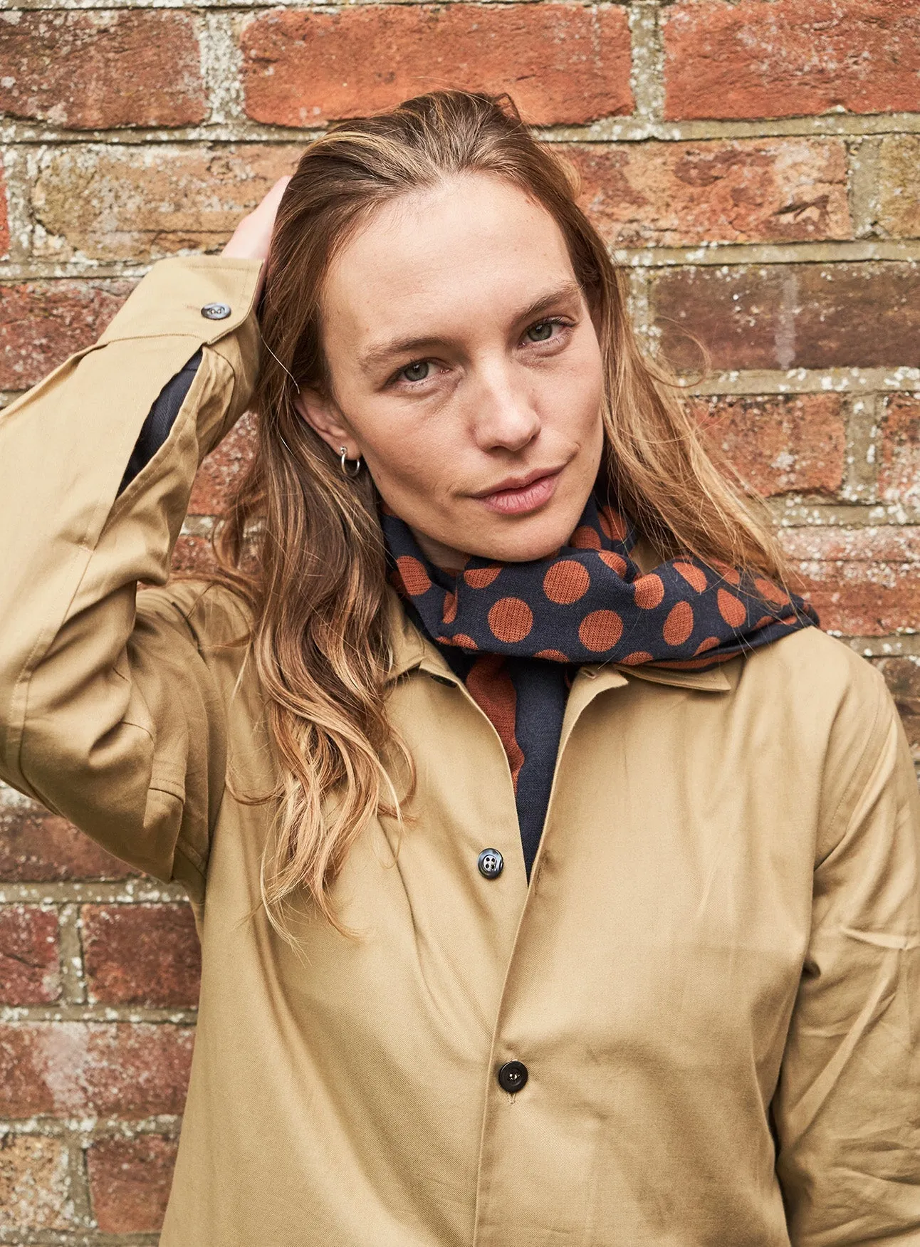 Recycled Double Faced Wool Orange Navy Spot Classic Scarf