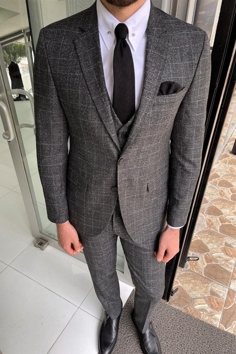 Slim Fit Black Plaid Wool Classic Suit