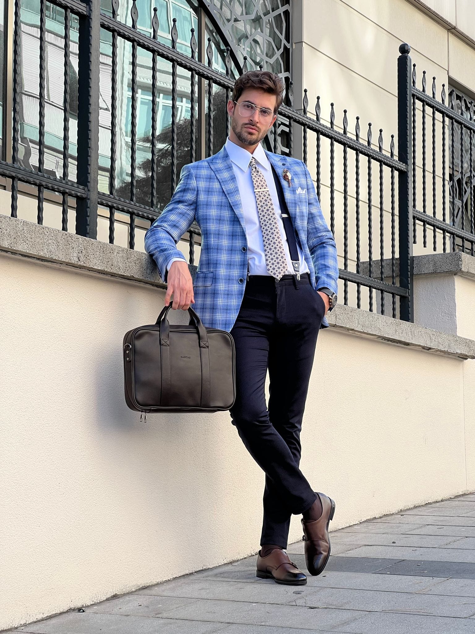 Slim Fit Collar Plaid Wool Blue Blazer