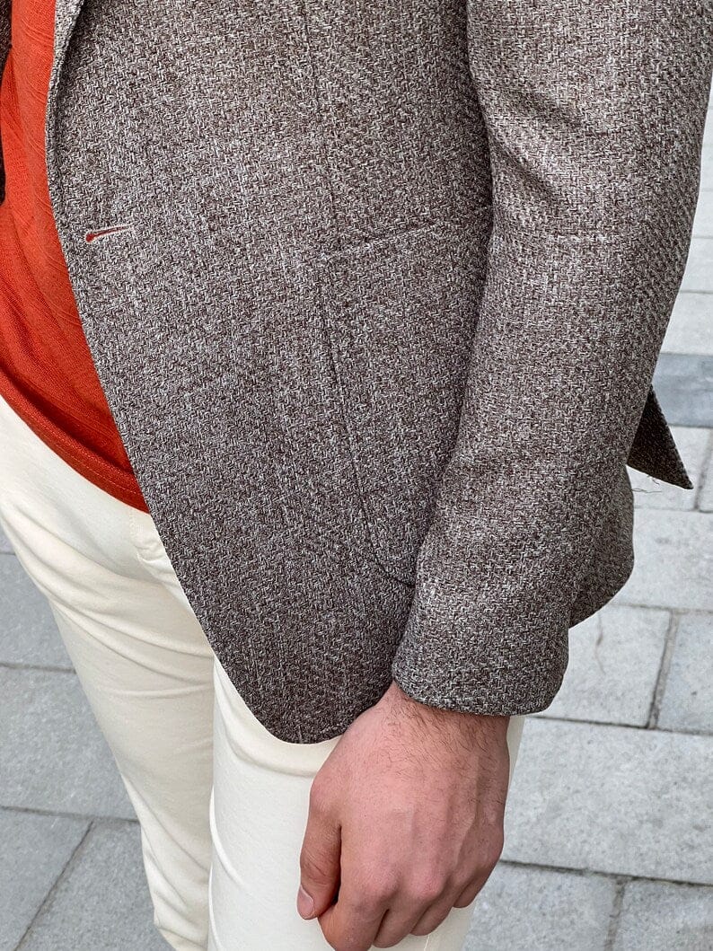 Slim Fit Knitted Textured Brown Blazer