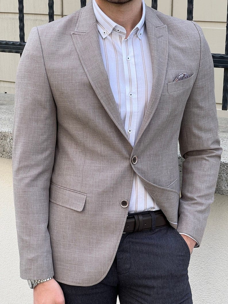 Slim Fit Knitted Textured Light Brown Men's Blazer