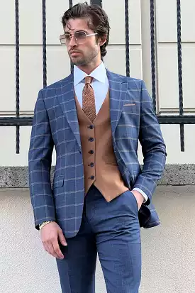 Slim-Fit Plaid Navy blue Wool Combination Suit