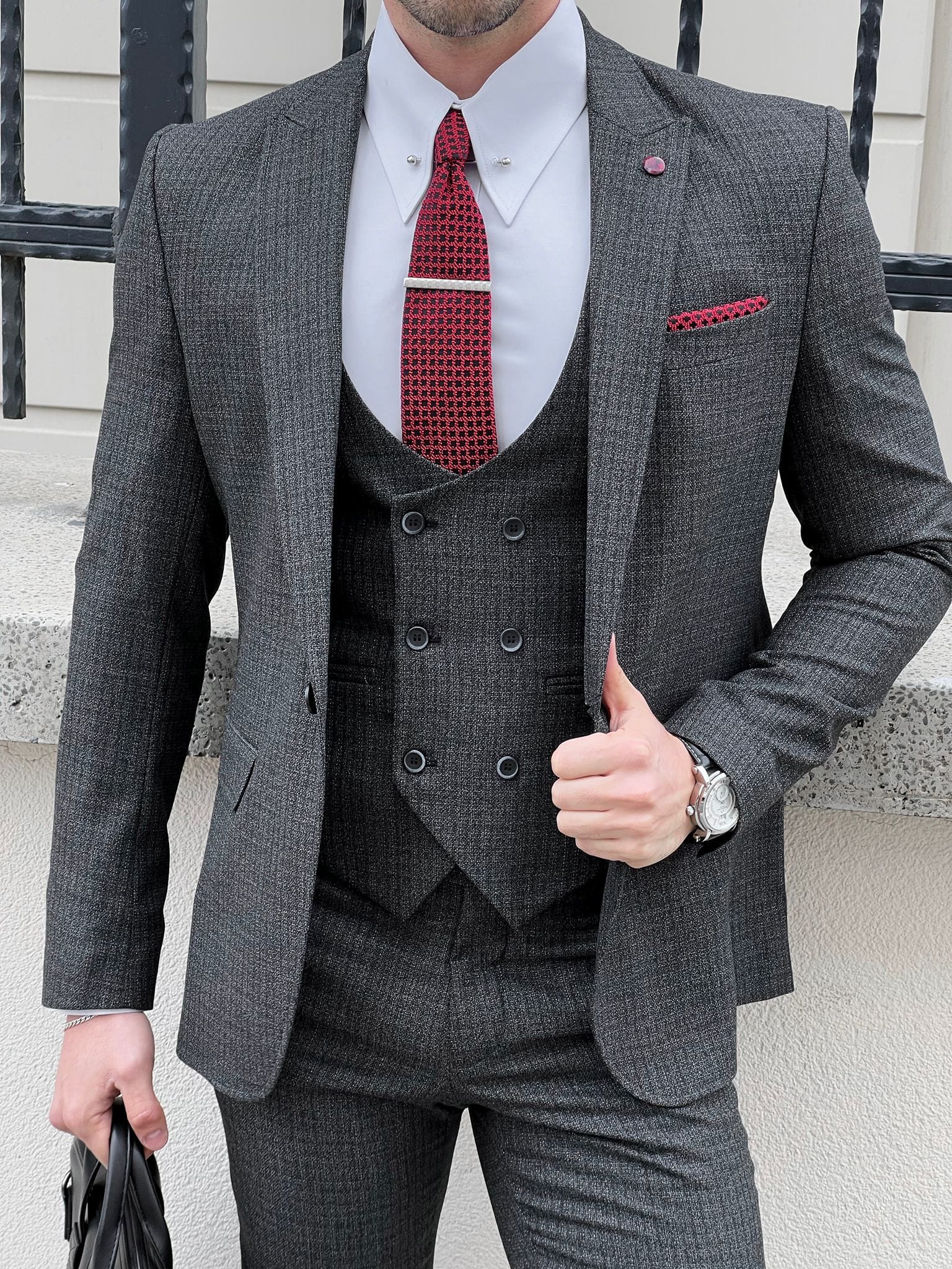 Slim Fit Pointed Collar Vest Anthracite Suit