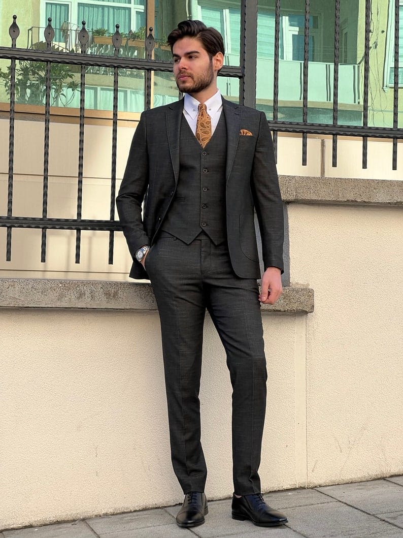 Slim Fit Self-Patterned Wool Black Tailored Suit