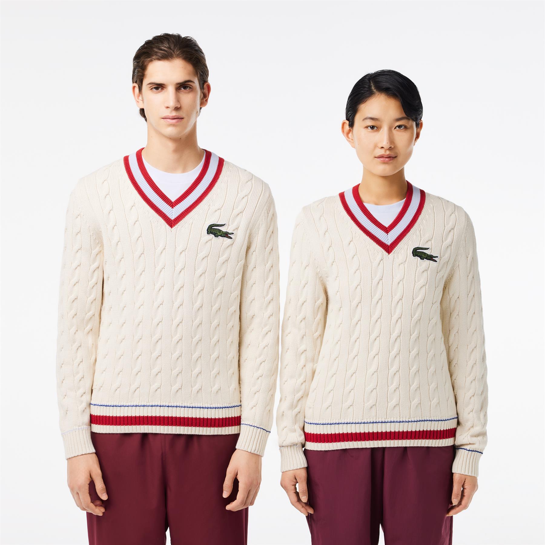 V-Neck Cable Knit Wool Blend Sweatshirt White/Bordeaux - SS24