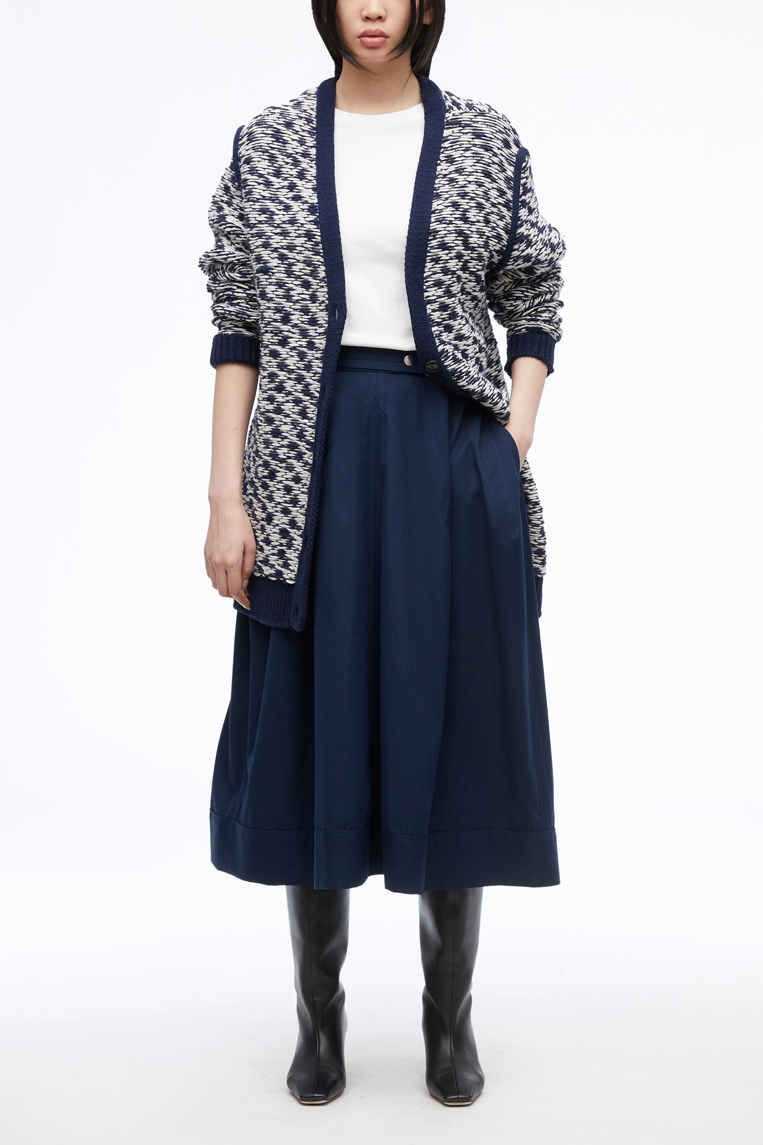 Wool Float Jacquard Vneck Oversized Cardigan