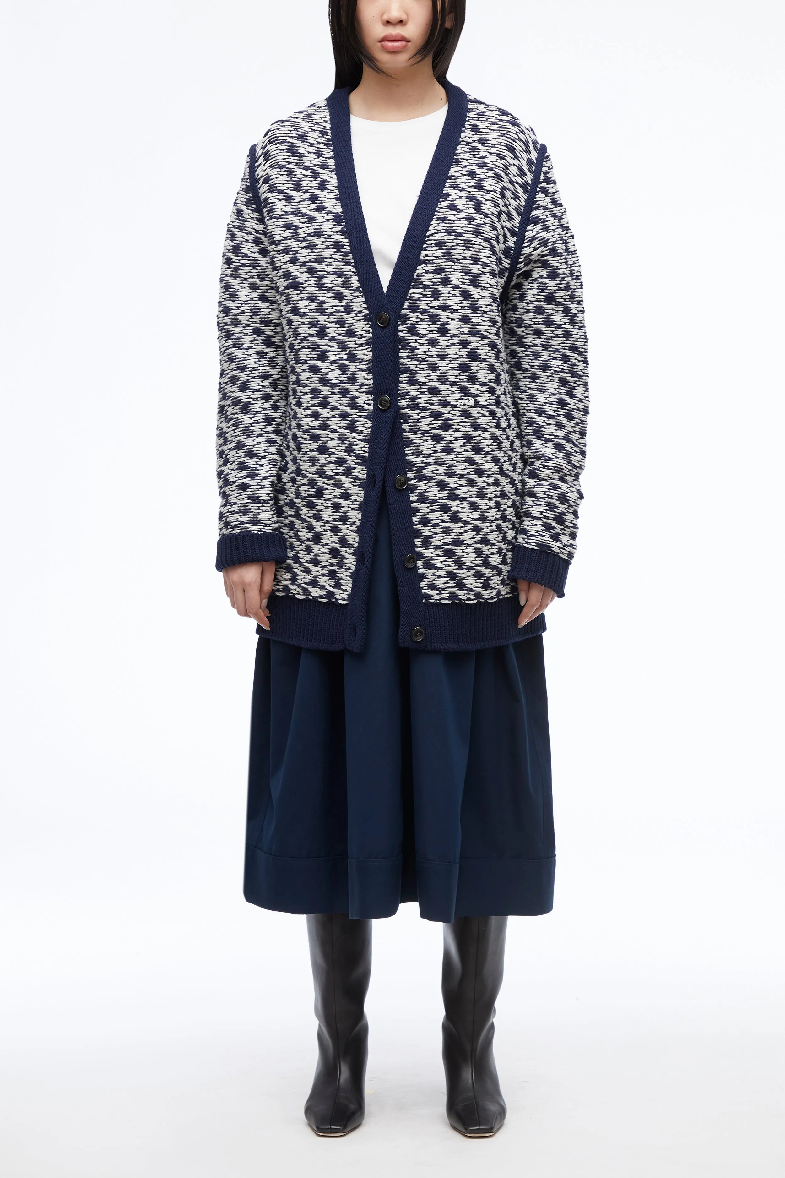 Wool Float Jacquard Vneck Oversized Cardigan