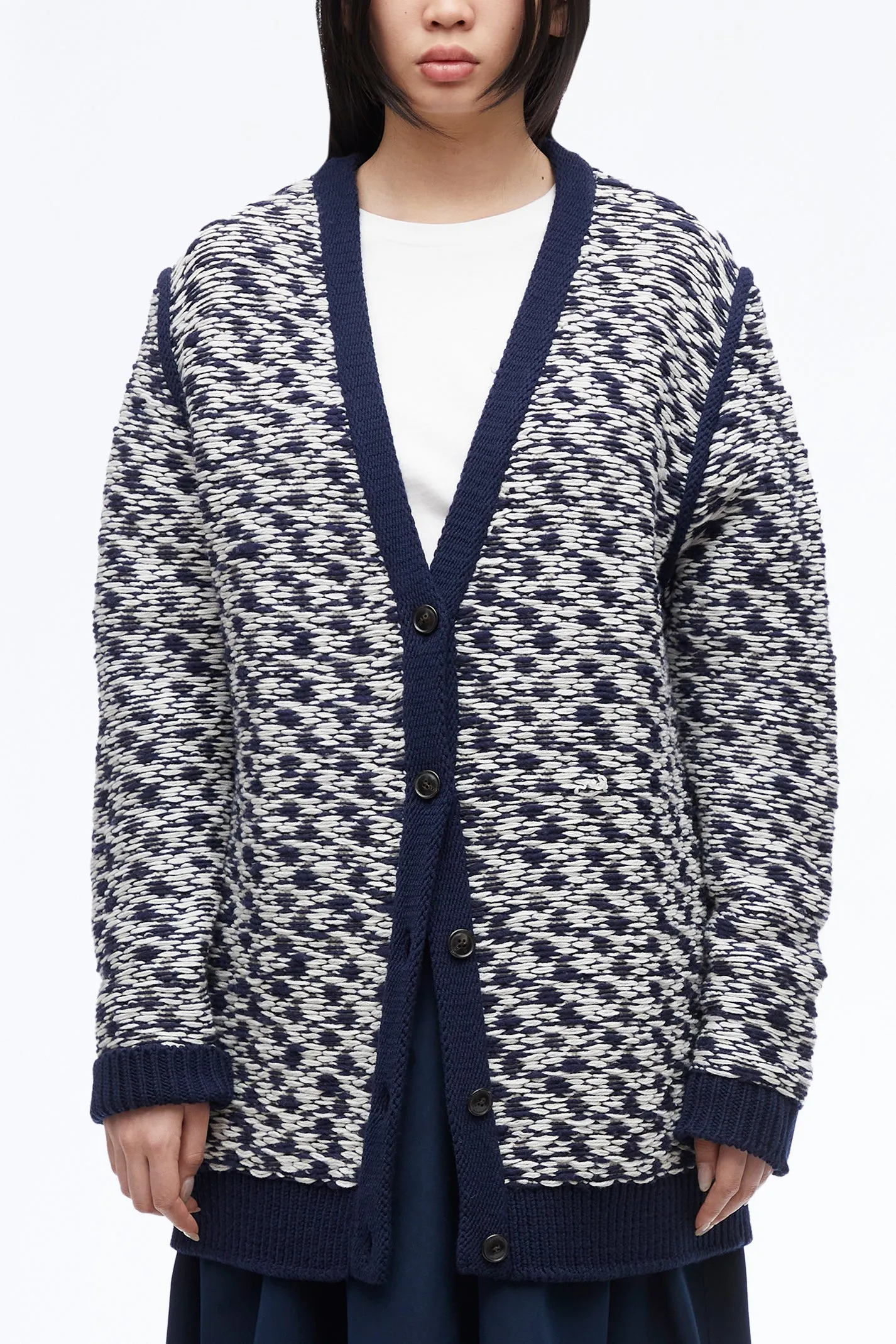 Wool Float Jacquard Vneck Oversized Cardigan