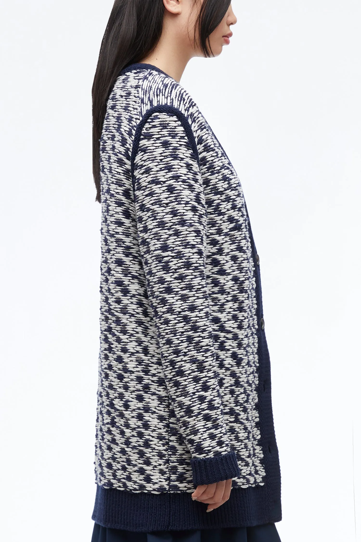 Wool Float Jacquard Vneck Oversized Cardigan